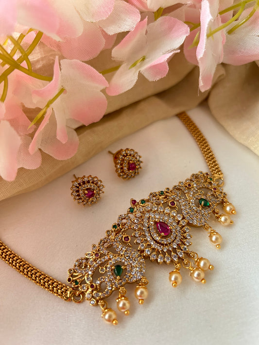 Gold plated Premium Re-polishable choker set with white, green and red stones ( 5416 )