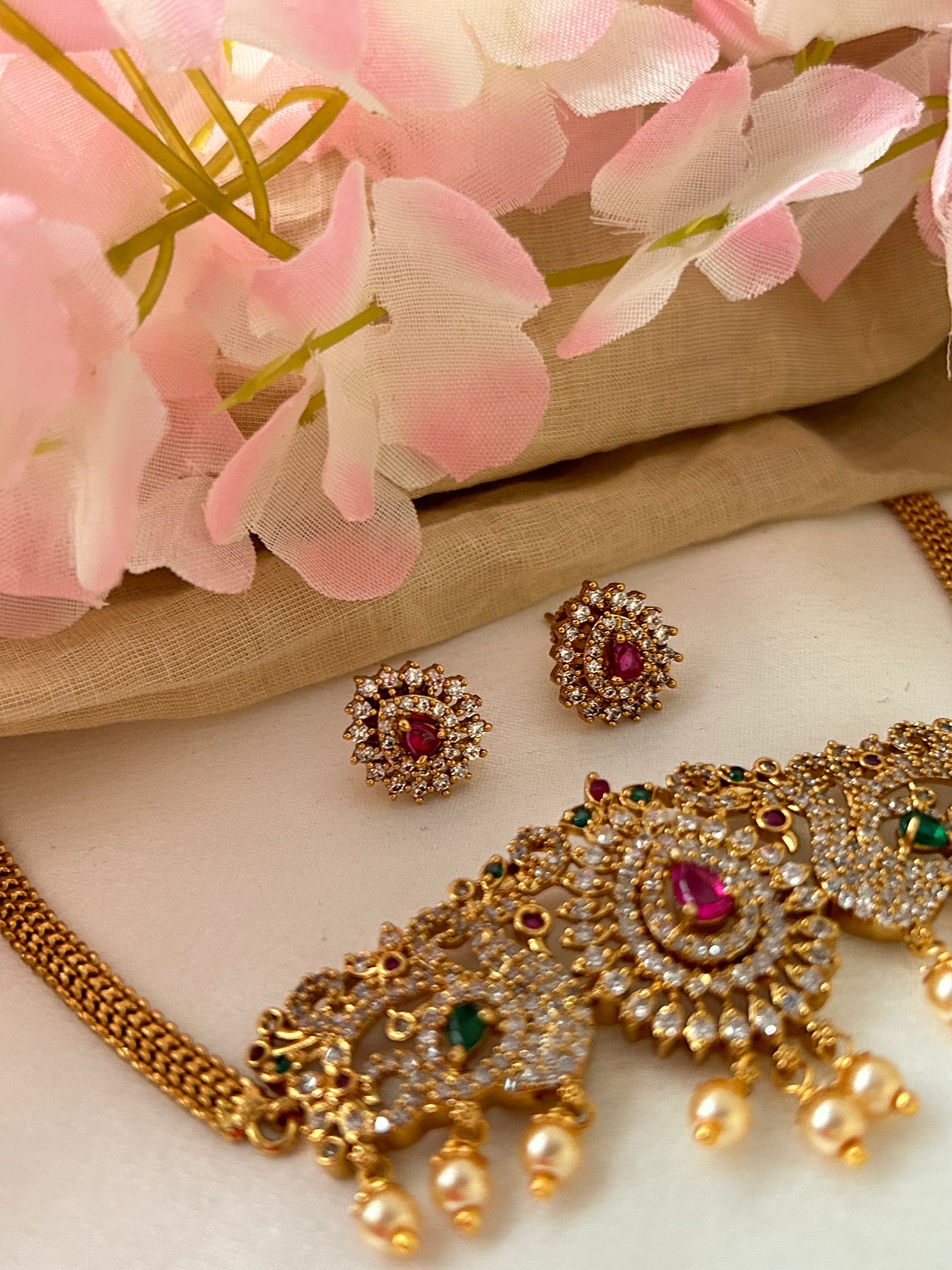 Gold plated Premium Re-polishable choker set with white, green and red stones ( 5416 )