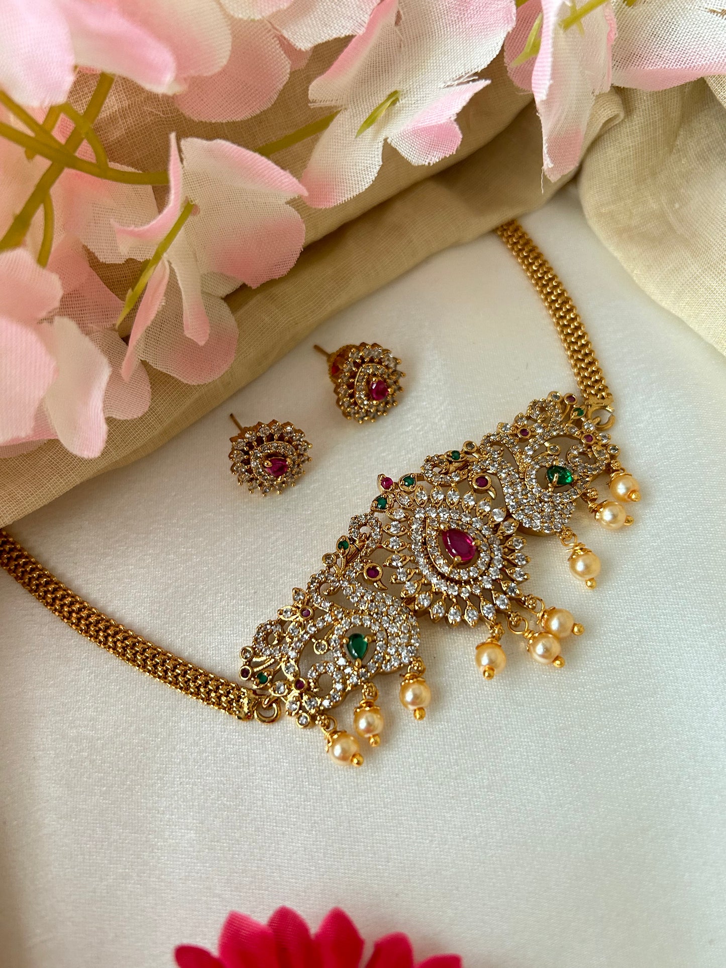 Gold plated Premium Re-polishable choker set with white, green and red stones ( 5416 )