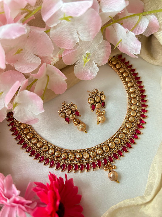 Gold Plated Choker with Ruby look alike Stones