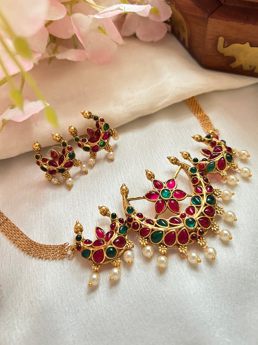 Gold Plated 3 Moon shaped emerald & ruby Necklace Set.