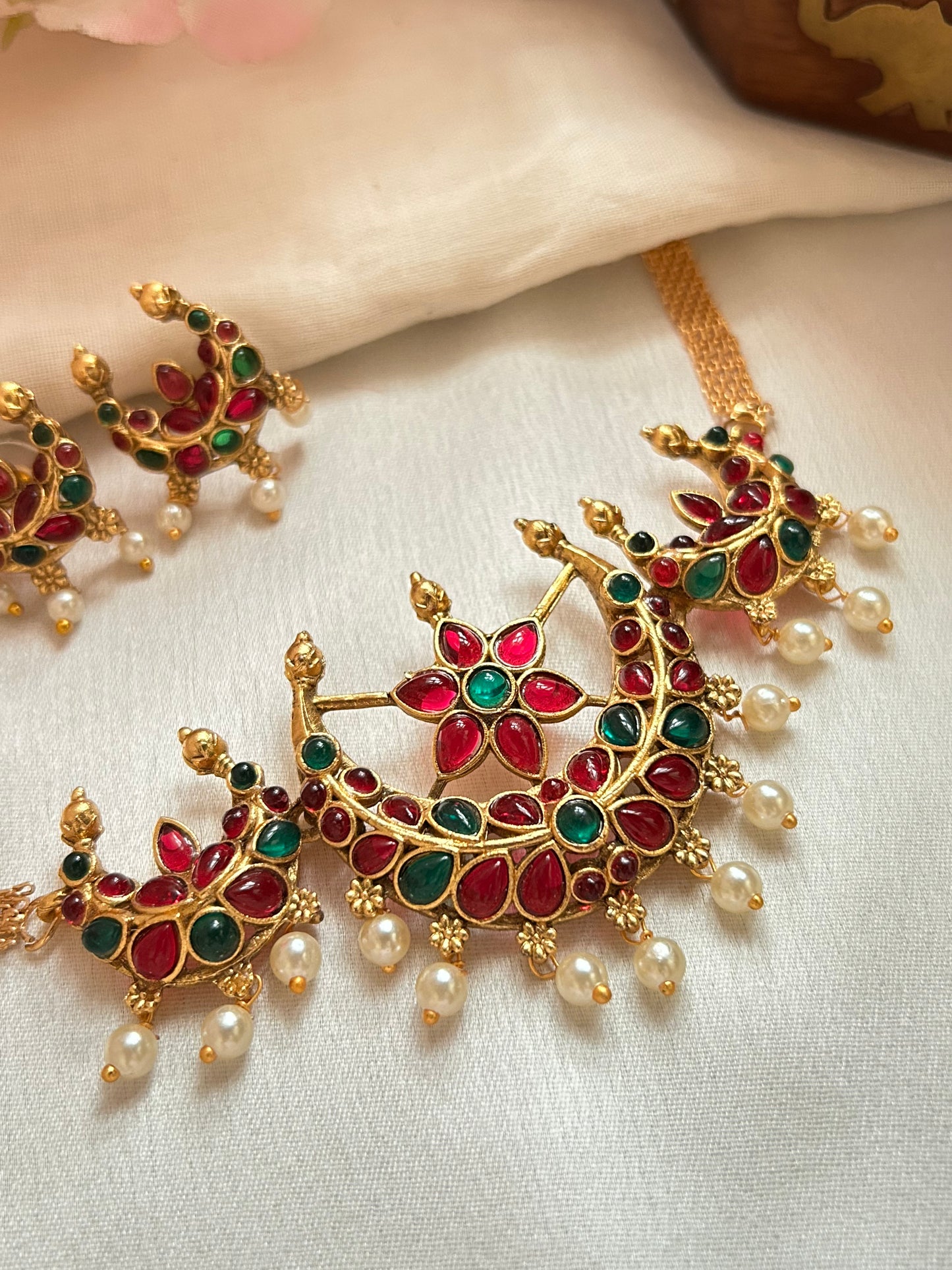 Gold Plated 3 Moon shaped emerald & ruby Necklace Set.