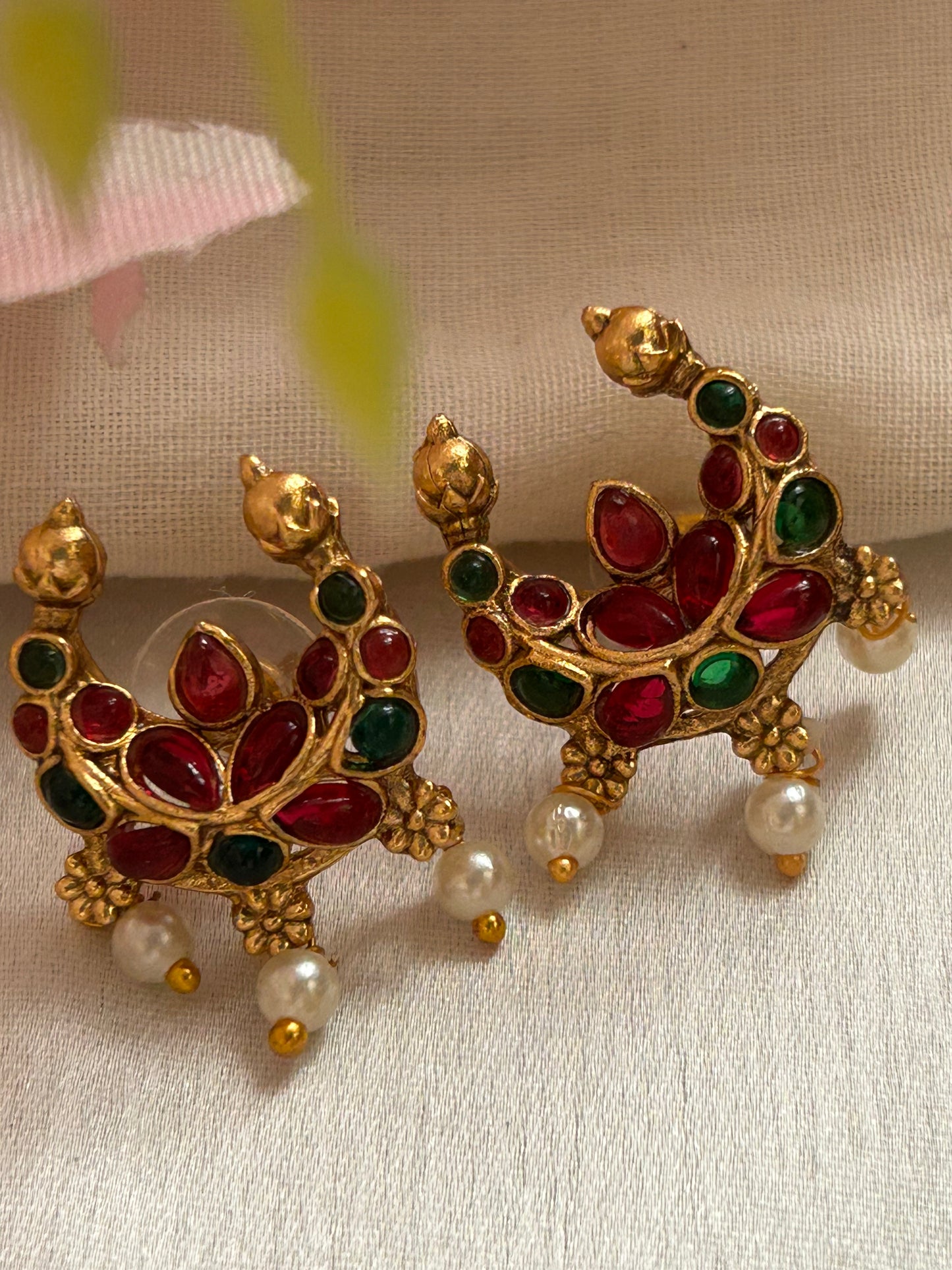 Gold Plated 3 Moon shaped emerald & ruby Necklace Set.
