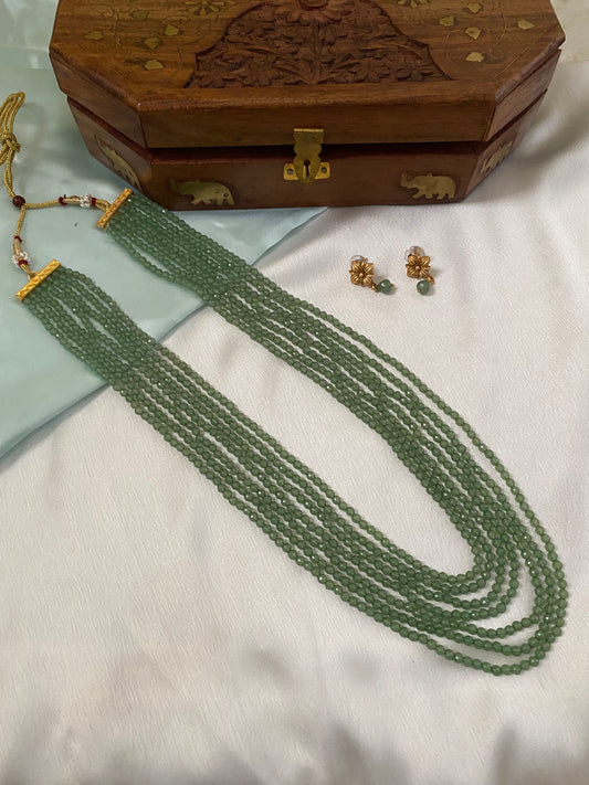 7 layered green beaded chain with earrings