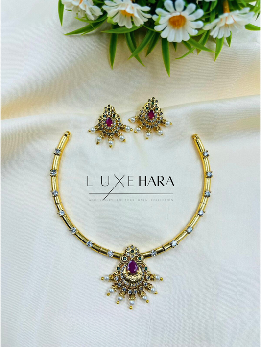 Gold plated Hasli/Kanti necklace set with white stones and pearl( LHA UL3YO4PL5 )