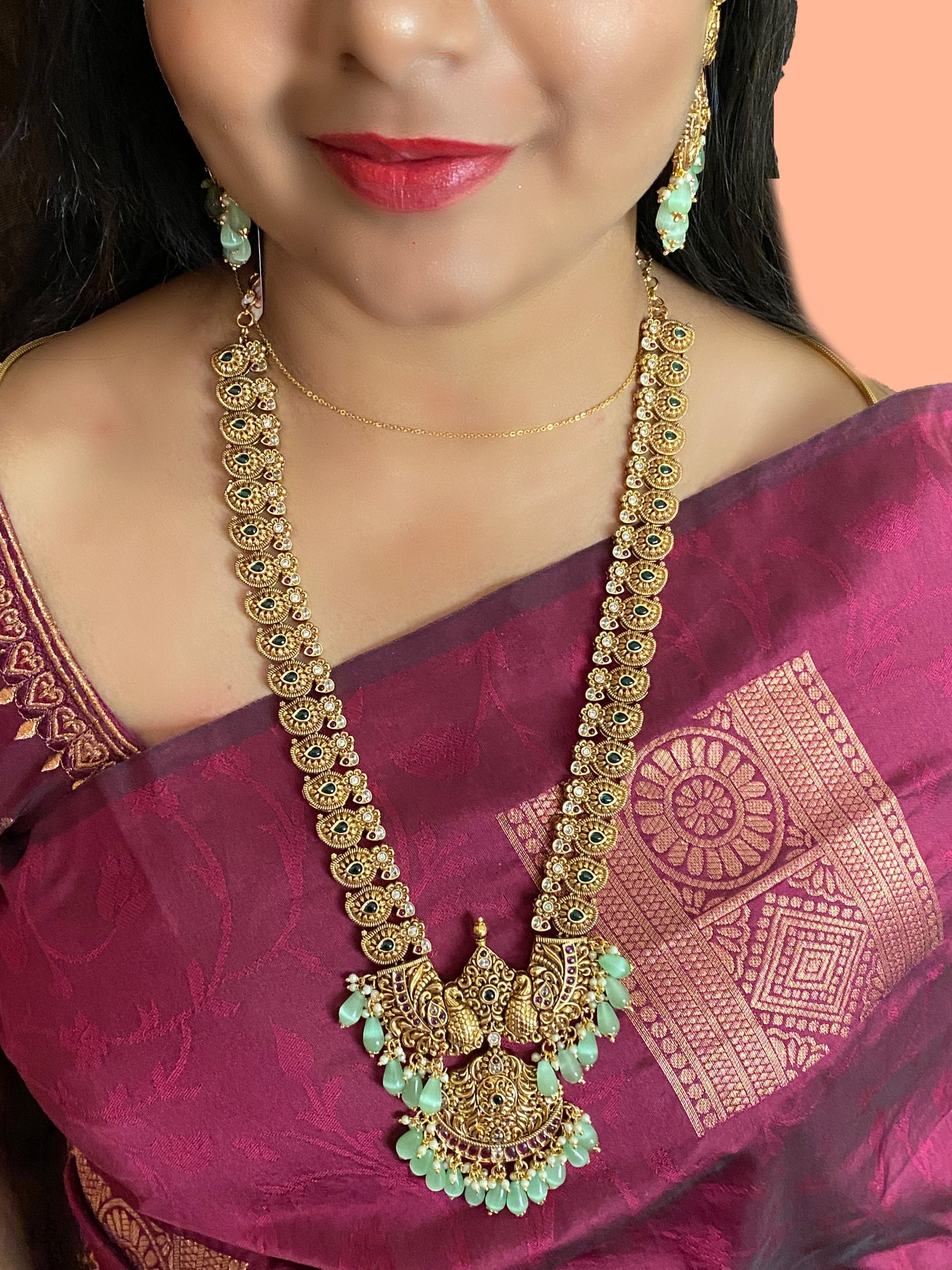Luxehara's Long Haara with peacock pendant and Monalisa beads.