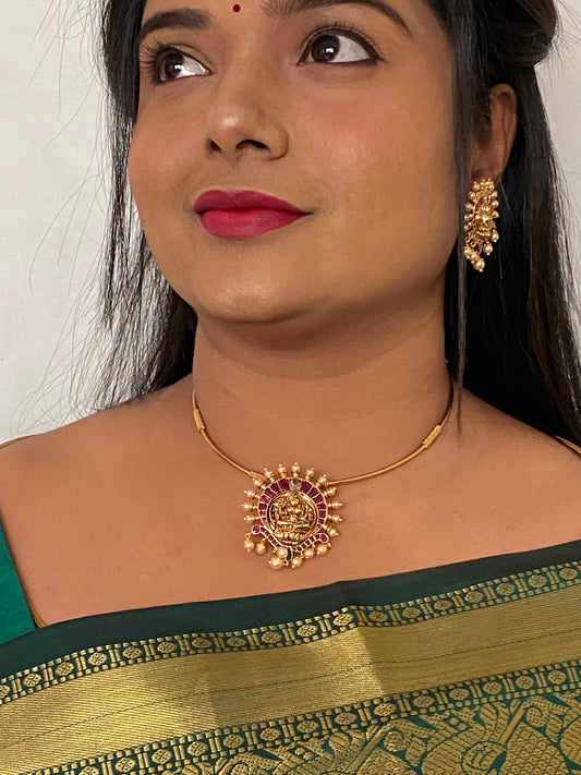 LuxeHara's Gold plated Kanti Necklace Along with Lakshmi Pendant & Beautiful Earrings.