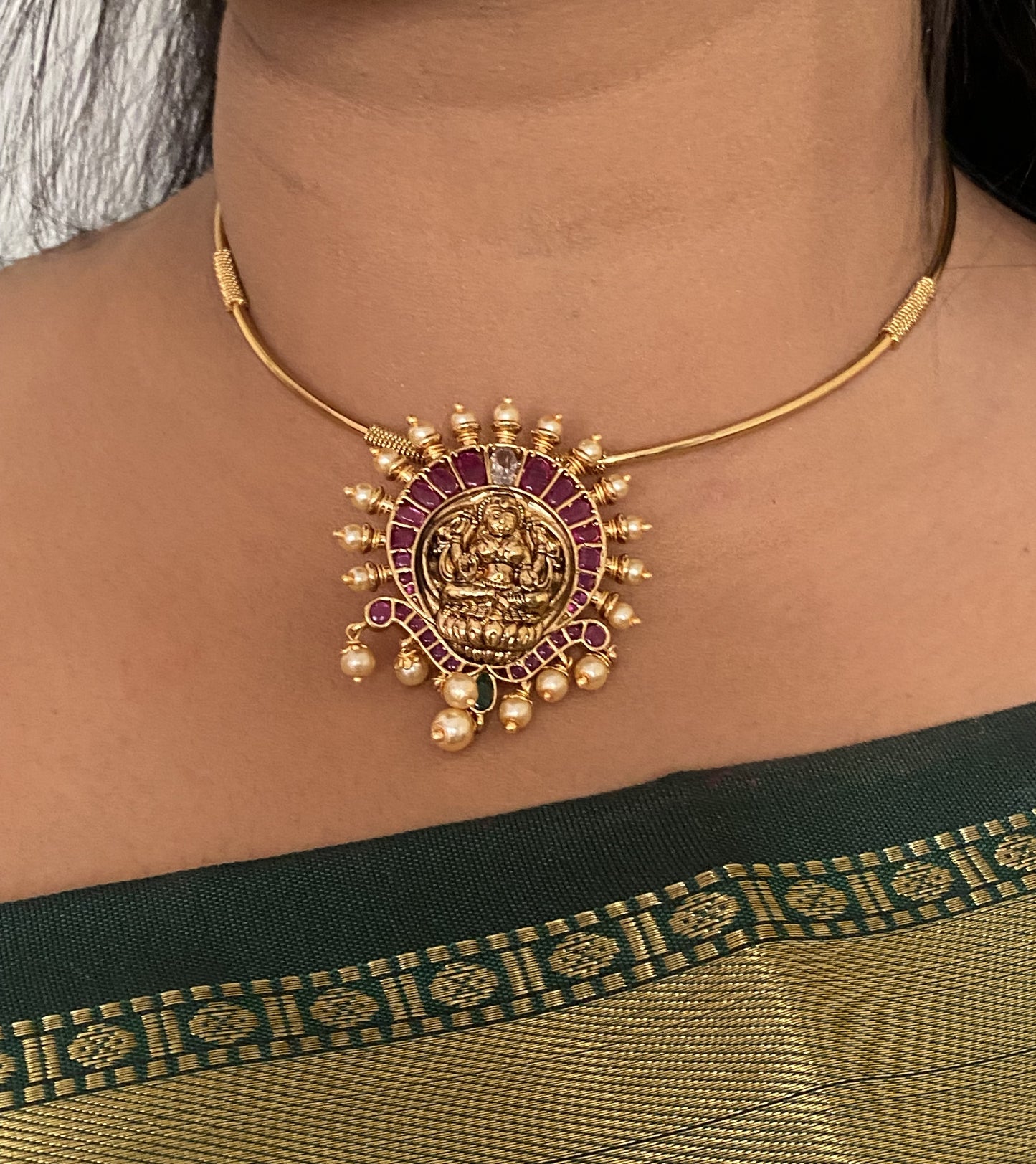 LuxeHara's Gold plated Kanti Necklace Along with Lakshmi Pendant & Beautiful Earrings.