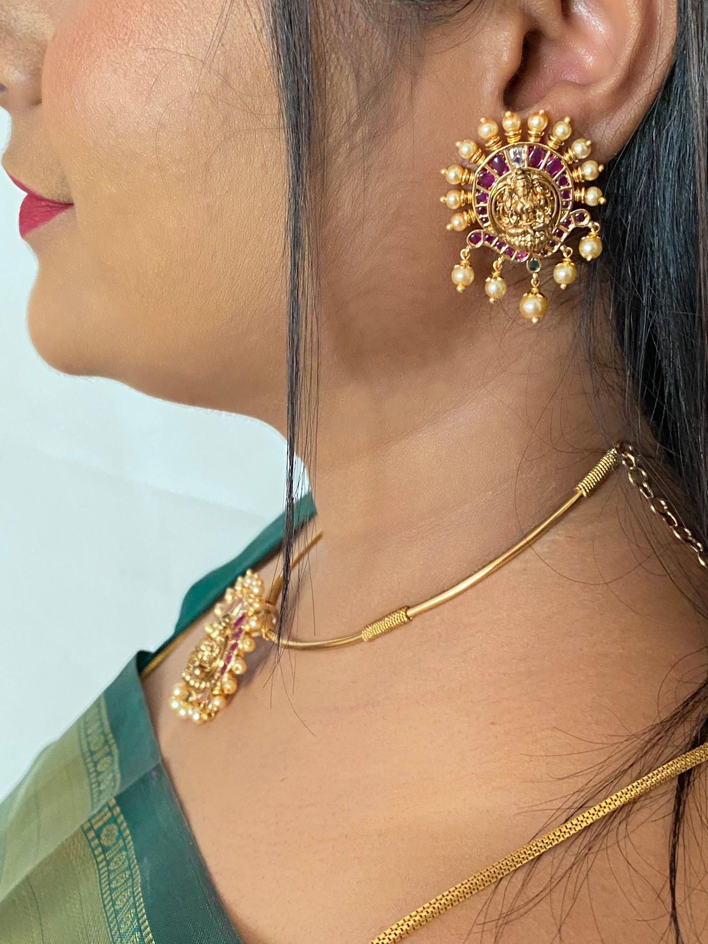 LuxeHara's Gold plated Kanti Necklace Along with Lakshmi Pendant & Beautiful Earrings.