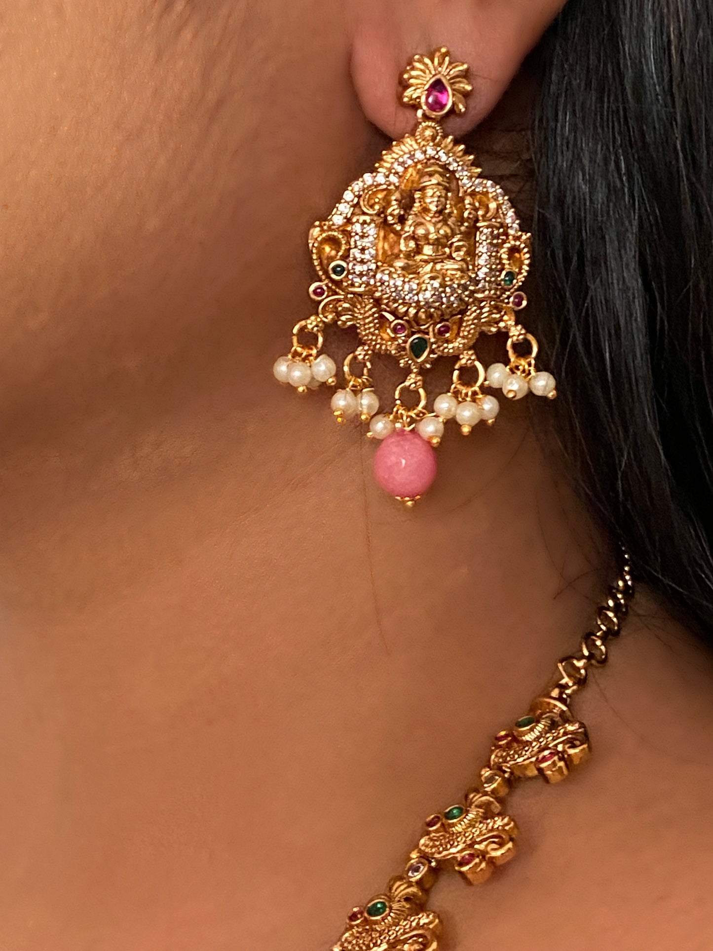 Luxehara's Long Haara with Lakshmi pendant, trending Monalisa beads with matching earrings.