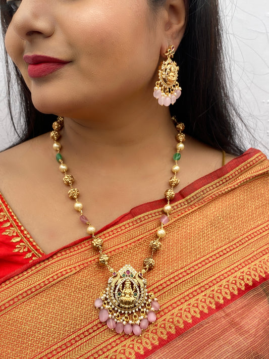 Luxehara's Long necklace set with Lakshmi pendant with matching earrings.