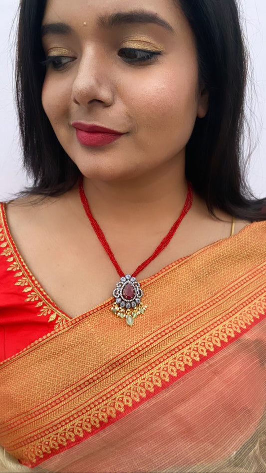 Luxehara's Red Beads Chain with Victorian Pendant.